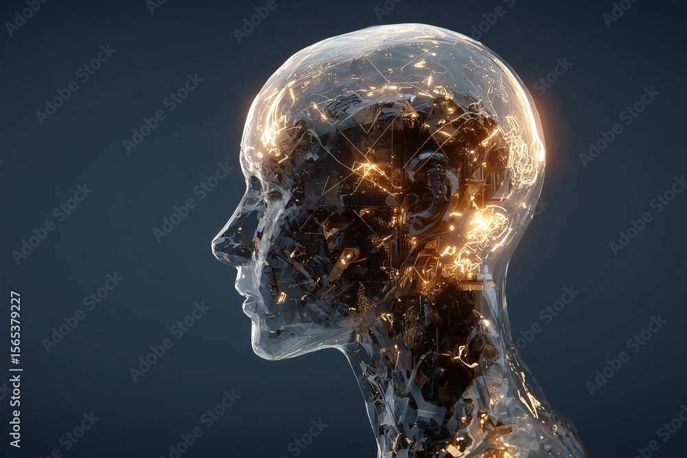 Poster a translucent human head, illuminating the intricate network of thoughts and ideas within. the image