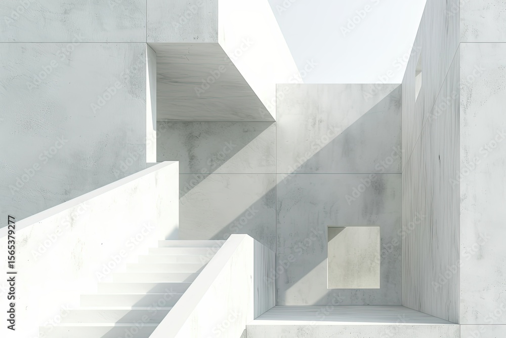 Poster a white building with a square shape and a small square with the word on it