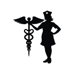 Silhouette of a Nurse with Caduceus, Representing Healthcare and Medical Profession