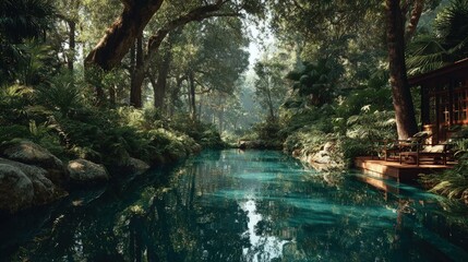 Amazing pool Reflective surface mirrors surrounding jungle foliage wildlife and human-made harmony