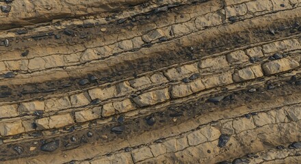 Diagonally layered sedimentary rock formation with rough light stone beds and thin dark strata containing angular pebbles
