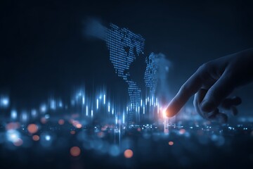 Human finger interacting with a digital financial graph and world map isolated on white background
