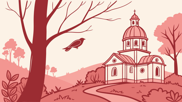 Illustration of church building in nature landscape with bird flying and trees in pink color scheme art