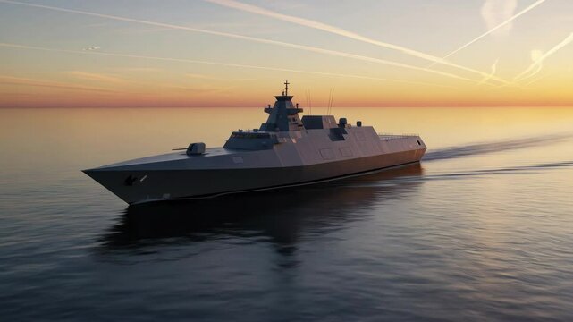 A modern naval destroyer ship sailing at sunset.