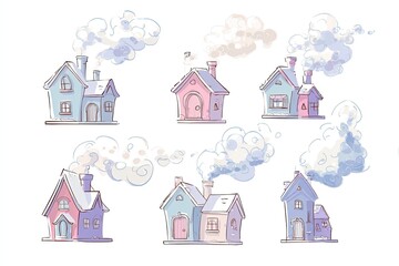 Set of Minimalist cartoon house with bold outlines pastel colors and cute curled smoke trail white backdrop