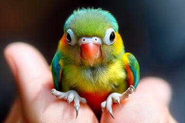 Adorable Baby Parrot - Colorful Blue and Yellow Hybrid Chick Close-Up. Perfect image for themes of cuteness, exotic birds, wildlife, and love for animals.