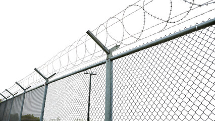 Chain link fence with barbed wire top isolated on a white background PNG. AI GENERATED.