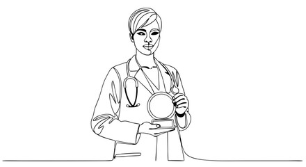 Continuous line drawing of a woman doctor holding an award trophy. Healthcare worker appreciation concept. Vector illustration for poster, banner
