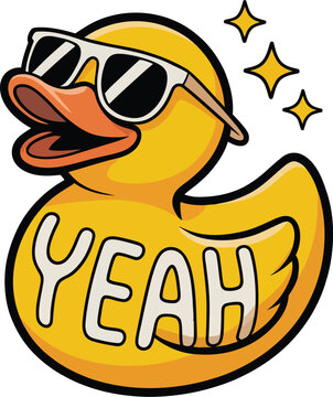 A cartoon yellow rubber duck with sunglasses and the word yeah written on it with star sparkles above it