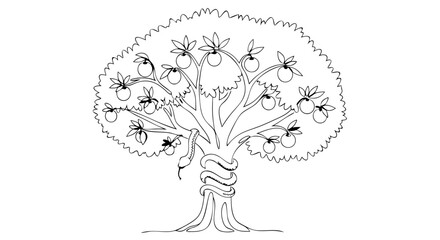 Black and white line art vector illustration of a tree of knowledge with forbidden fruit and a snake wrapped around the trunk, for creation concept