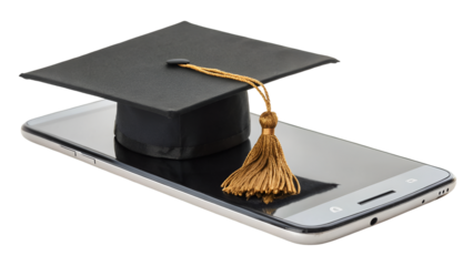Online education graduation concept graduation cap on mobile phone for learning and success in future 100 isolated on transparent white background png