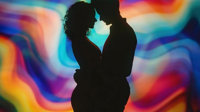 Couple close to each other, embracing deeply. Affectionate moment captured with warm vibrant colors. Love and intimacy portrayed in vivid hues.