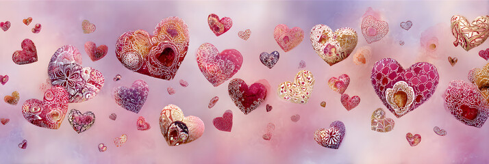 Ethereal Dance of Valentine's Day Hearts: A Whimsical Display of Love, Romance, and Warmth in Soft Hues and Intricate Patterns, Enchanting Essence of Affection and Passion