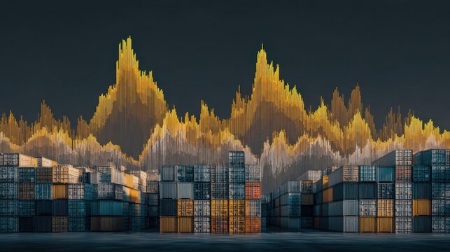 An intricate digital chart exhibiting drastic ups and downs layered above an industrial scene of neatly stacked freight containers highlighting the complex relationship between global