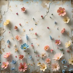 Flowers on the old white wall background, digital wall tiles or wallpaper design Generative AI 