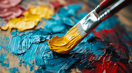 Obraz premium A brush is dipped into a yellow paint and is being used to paint a blue