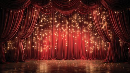 A captivating theater backdrop showcasing luxurious scarlet curtains and twinkling lights symbolizing the anticipation and excitement of a live performance poised to begin.