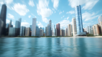 Fototapeta premium A city skyline with a large building in the background