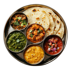 Traditional Indian Thali with Assorted Curries and Roti on a Silver Platter on transparent background