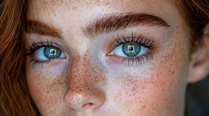 Fototapeta premium Close-up of a freckled woman's face, showing expressive eyes and natural beauty