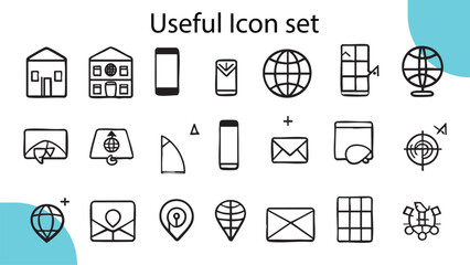 A comprehensive set of vector icons for web design, featuring essential symbols like email, phone, home, and arrow for business and internet communication