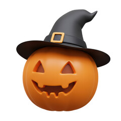 3d icon pumpkin wearing witch hat cartoon, isolated background
