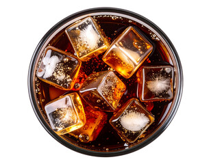 Overhead View of Glass of Cola with Floating Ice Cubes, isolated on transparent background