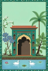 Obraz premium Mughal Garden Lake Vector – Traditional Arches, Exotic Plants, Water Lilies, and Swans in a Serene Botanical Landscape Wallpaper for Decor and Illustration