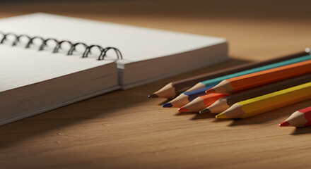 Colorful pencils next to spiral notebook on wooden table  