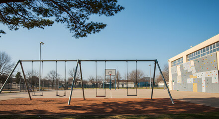 Playground swings and basketball court under clear blue sky  