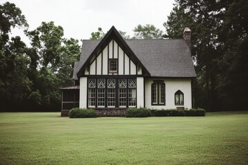 Obraz premium A delightful Tudor-style house is elegantly positioned within a vibrant green landscape, embraced by towering trees under a cloudy sky, creating a picturesque scene