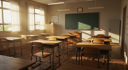 Empty classroom with wooden desks and sunlight streaming in  