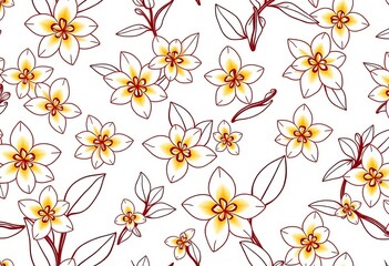 Elegant vanilla pod and delicate outline floral seamless pattern on white background,  print,  vanilla bean