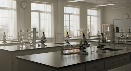 Modern laboratory with microscopes and equipment on sleek tables  