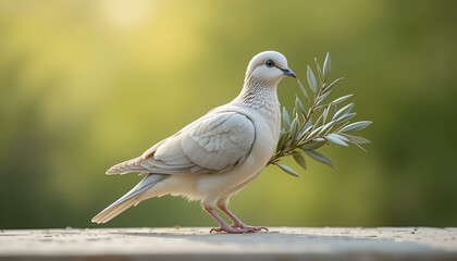 Fototapeta premium Elegant dove holds an olive branch, a symbol of peace and hope against a naturally blurred green background.