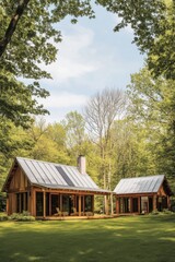 Rustic wooden cabins nestled in a tranquil forest setting with lush greenery, showcasing a perfect blend of nature and architecture under a clear blue sky