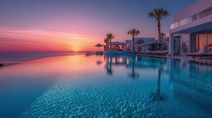 Amazing pool Infinity edge reflecting sunset colors minimalist architecture serene atmosphere tranquil oasis luxurious resort experience