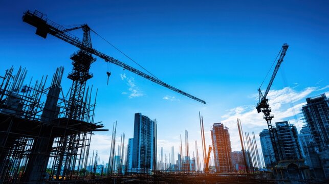 A vibrant construction scene capturing the essence of urban growth with a tall building framed by scaffolding construction vehicles and a crane silhouetted against a clear blue sky