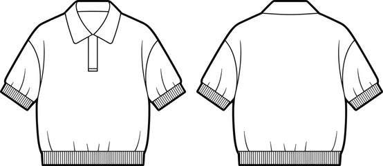 Men's Polo Shirt Technical Fashion Flat Sketch, Short Sleeve Collared Top with Ribbed Hem, Apparel Template, Vector CAD Mockup, Front and Back View.