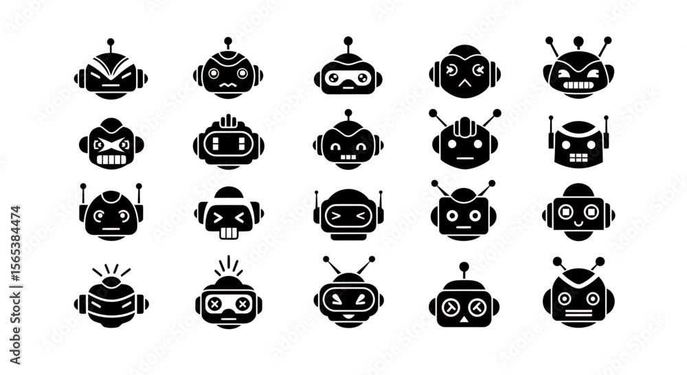 Poster essential collection of modern robot head icons depicting diverse expressions artificial intelligenc