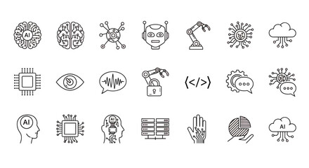 Cutting edge artificial intelligence technology digital innovation vector line icon set representing modern machine learning automation robotics data processing security