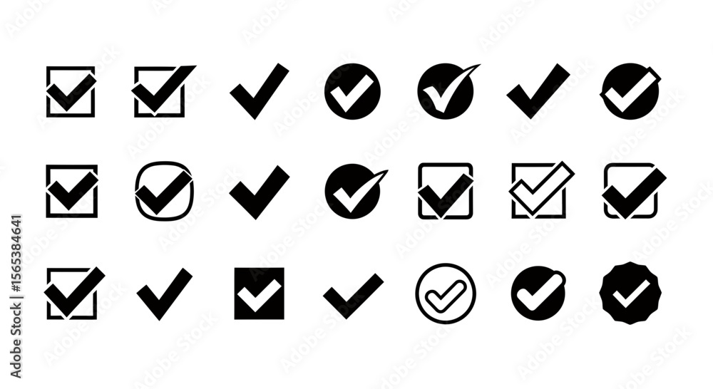 Poster comprehensive vector set featuring modern black checkmark icons ideal for user interfaces web design
