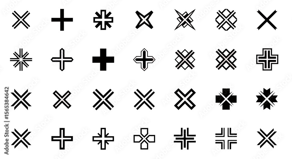 Poster vector set of modern abstract geometric shapes icon collection featuring various cross and multiplic
