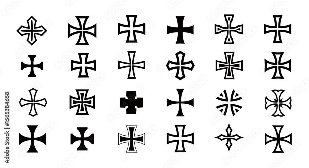 Poster extensive collection of black cross icons and symbols vector set featuring diverse shapes geometric 