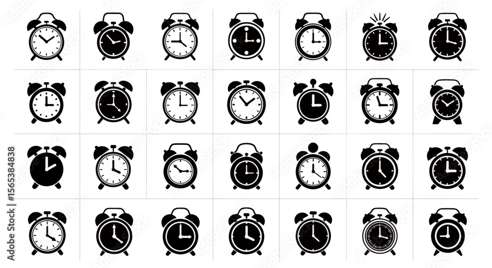 Poster comprehensive monochrome vector graphic icon set featuring classic and contemporary alarm clock desi