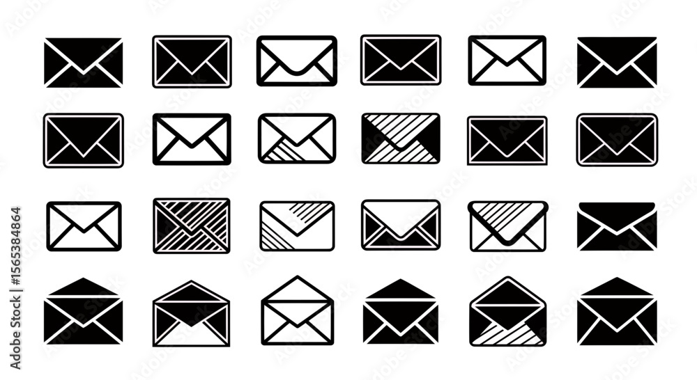 Poster diverse black and white email and mail vector icons set collection for digital communication design 