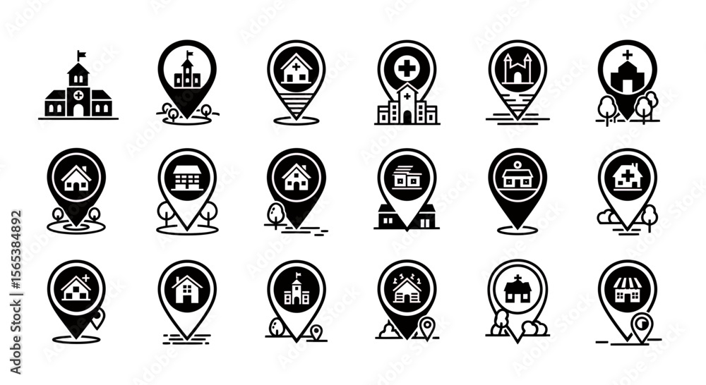Poster modern minimalist vector icon set representing location pins and building types including school hou