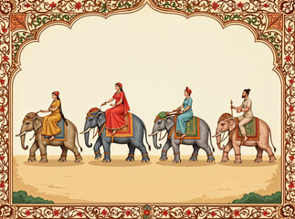 Mughal Royal Procession Vector – Four Elephants with Queen, Ornate Border and Palace Backdrop, Festive Wedding Wallpaper Illustration for Decor and Invitation
