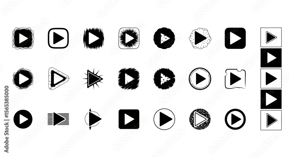 Poster icon set diverse vector play button varied geometric minimalist textured grunge outlined solid style