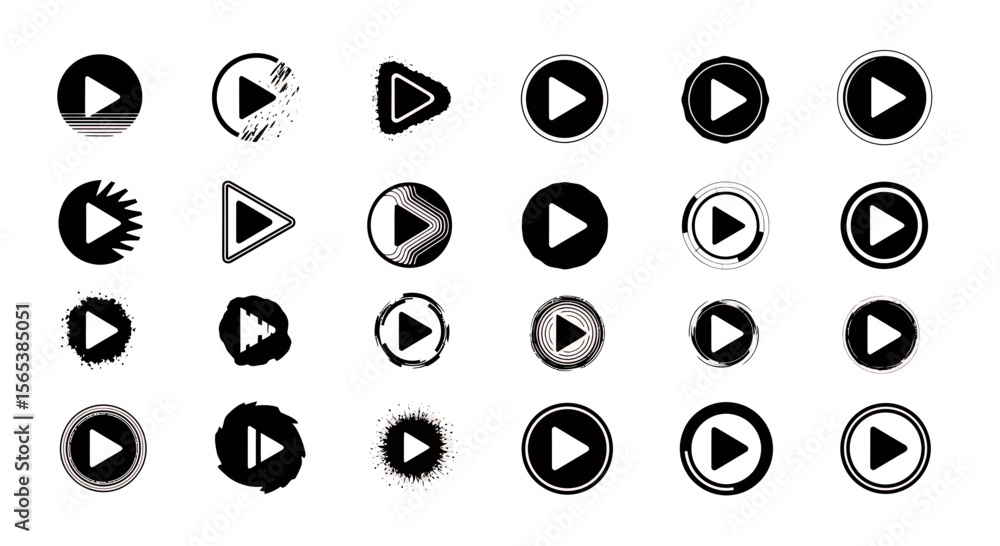 Poster high quality diverse multimedia play button icon set collection featuring modern grunge abstract sty